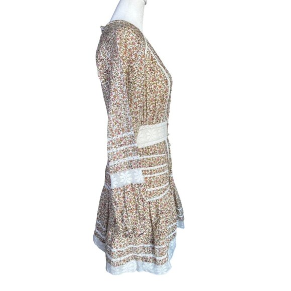 Veronica Beard Addilyn Size 10 Peasant Floral Crochet Lace Trim Mini Dress Stone - Picture 2 of 13